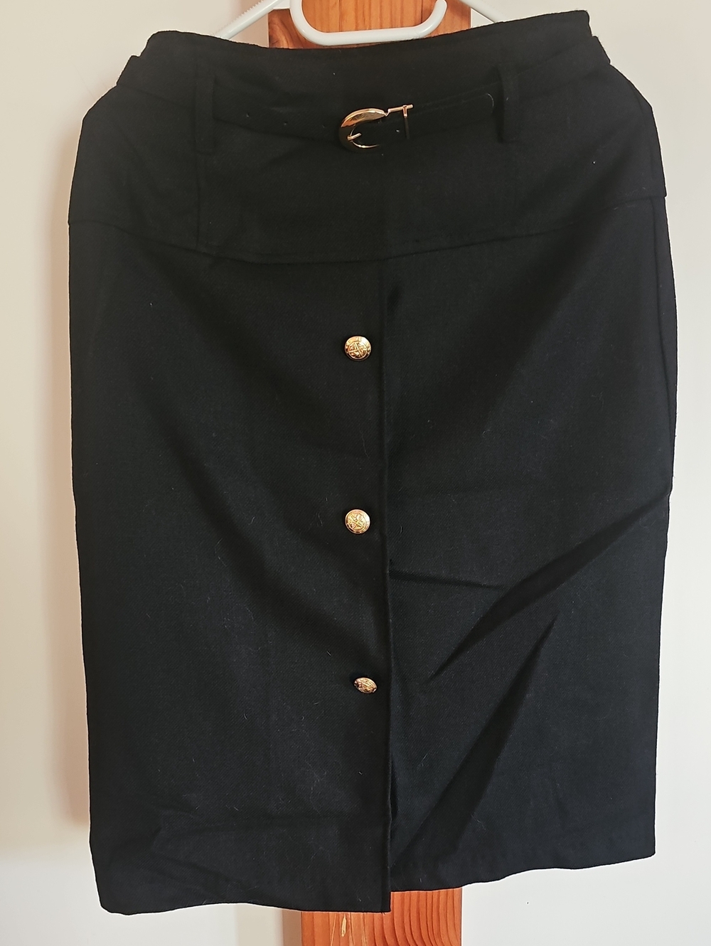 Vintage Black Wool Button-Front Pencil Skirt with Belt